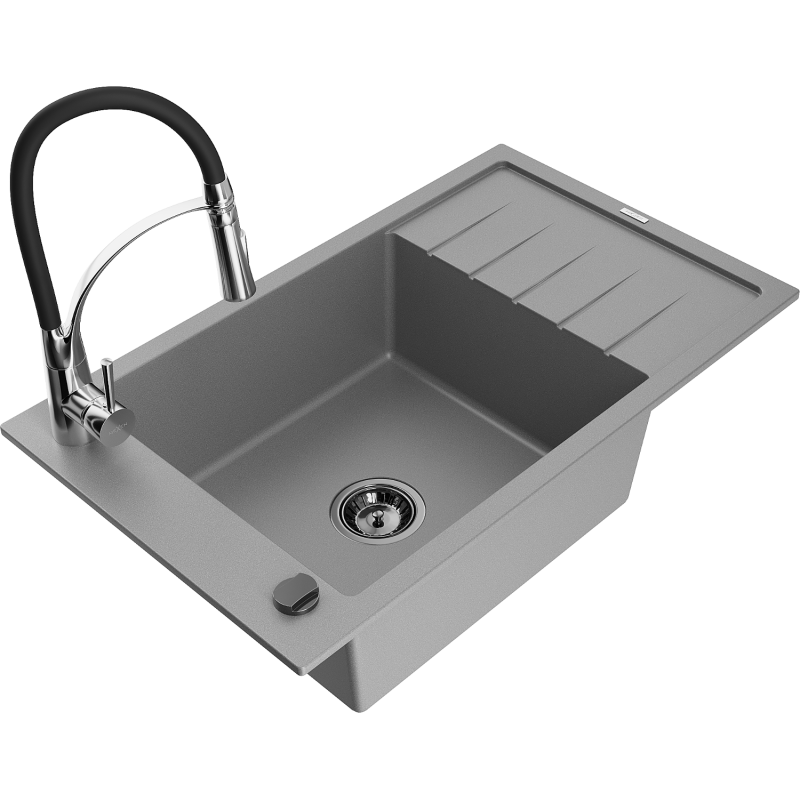 Mexen Elias granite sink 1-bowl with drainer and Aster kitchen tap, grey - 6511-71-73450-07-B