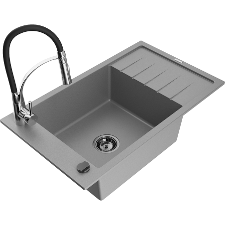 Mexen Elias 1-compartment granite sink with a drip tray and kitchen mixer tap Aster, Grey - 6511-71-73450-07-B