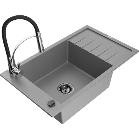 Mexen Elias granite sink 1-bowl with drainer and Aster kitchen tap, grey - 6511-71-73450-07-B