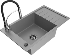 Mexen Elias 1-compartment granite sink with a drip tray and kitchen mixer tap Aster, Grey - 6511-71-73450-07-B