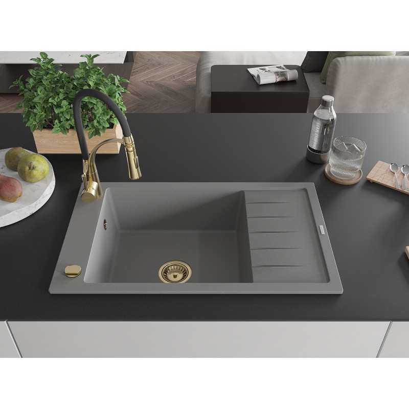 Mexen Elias granite sink 1-bowl with drainer and kitchen faucet Aster, gray - 6511-71-73450-57-G