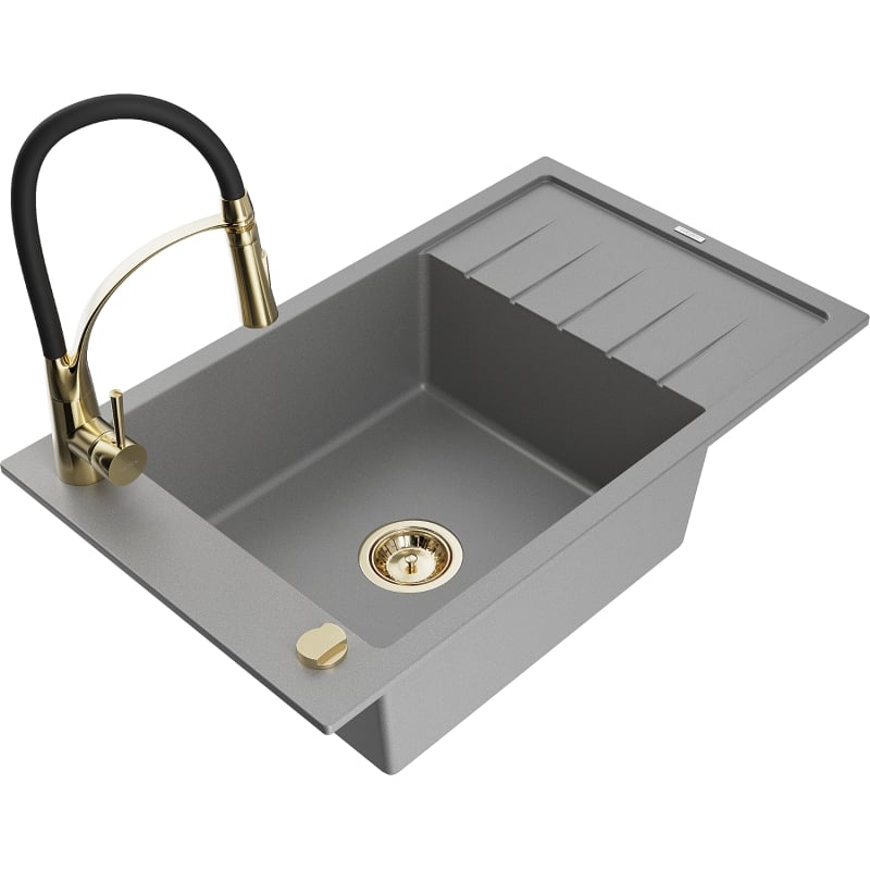 Mexen Elias 1-bowl granite sink with drainer and Aster kitchen faucet, gray - 6511-71-73450-57-G