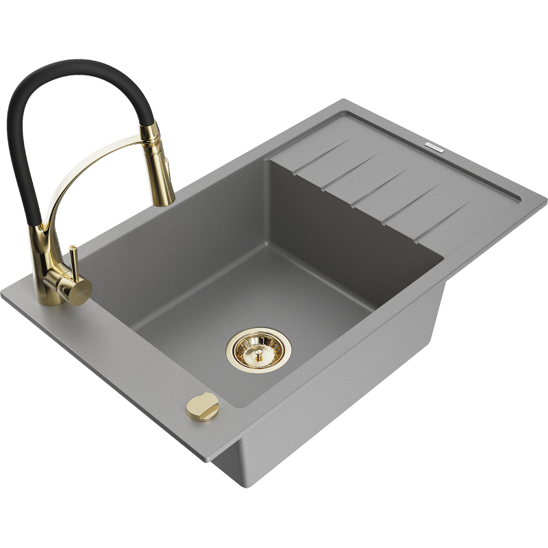 Mexen Elias 1-bowl granite sink with drainer and Aster kitchen tap, grey - 6511-71-73450-57-G
