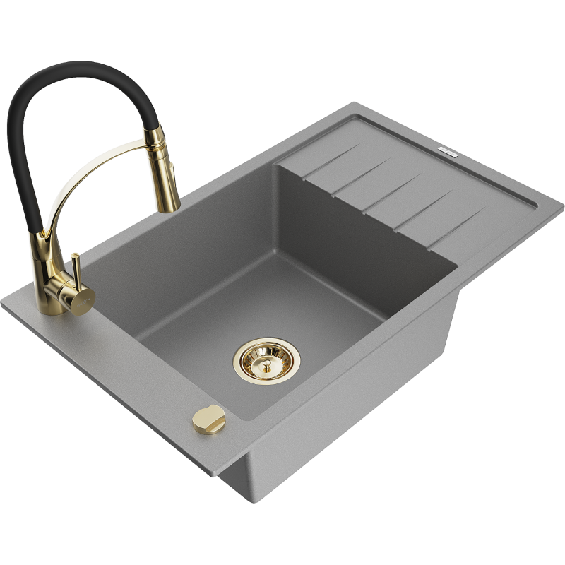 Mexen Elias 1-compartment granite sink with a drip tray and kitchen mixer tap Aster, Grey - 6511-71-73450-57-G