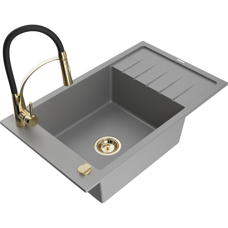 Mexen Elias granite sink 1-bowl with drainer and kitchen faucet Aster, gray - 6511-71-73450-57-G