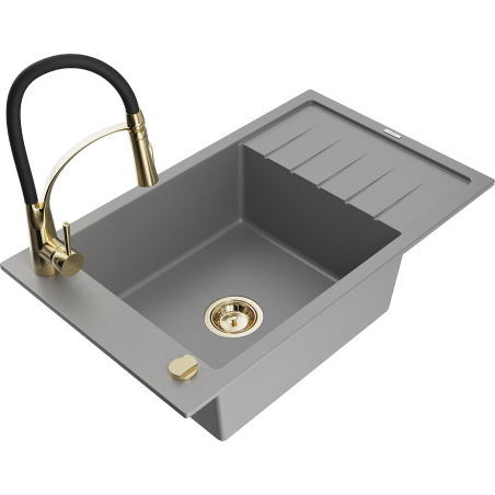Mexen Elias 1-bowl granite sink with drainer and Aster kitchen faucet, gray - 6511-71-73450-57-G