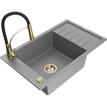 Mexen Elias granite sink 1-bowl with drainer and kitchen faucet Aster, gray - 6511-71-73450-57-G