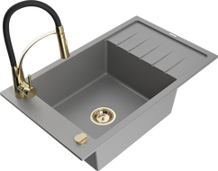 Mexen Elias 1-bowl granite sink with drainer and Aster kitchen tap, grey - 6511-71-73450-57-G