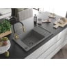 Mexen Elias 1-bowl granite sink with drainer and Aster kitchen faucet, gray - 6511-71-73450-57-B