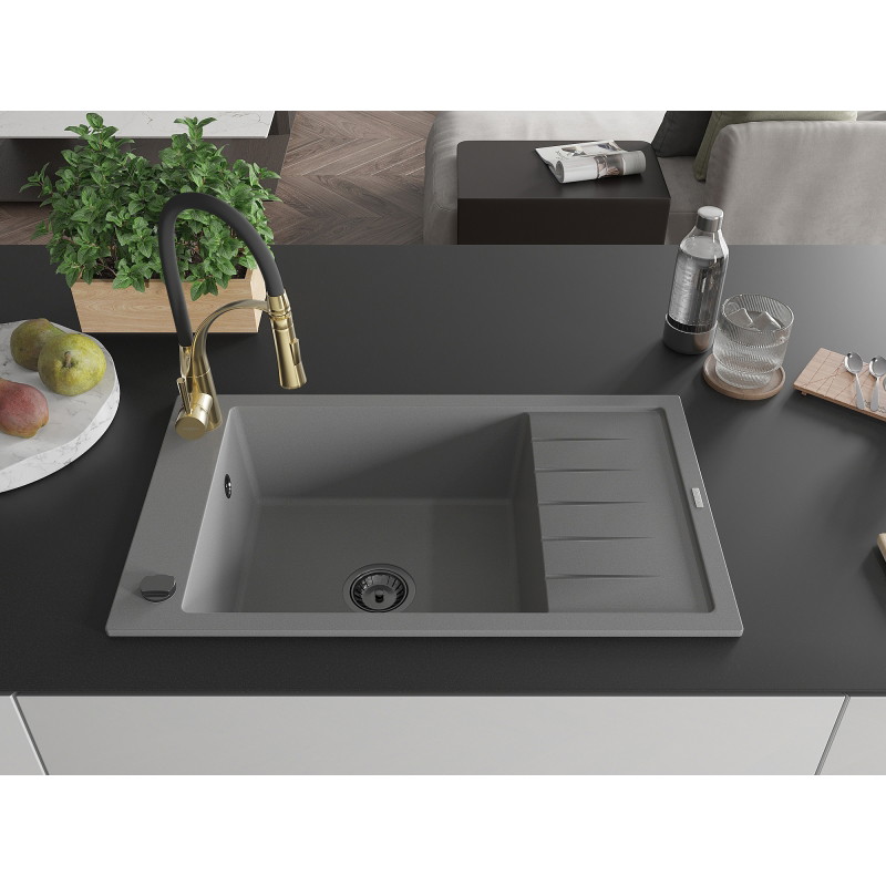 Mexen Elias 1-bowl granite sink with drainer and Aster kitchen faucet, gray - 6511-71-73450-57-B