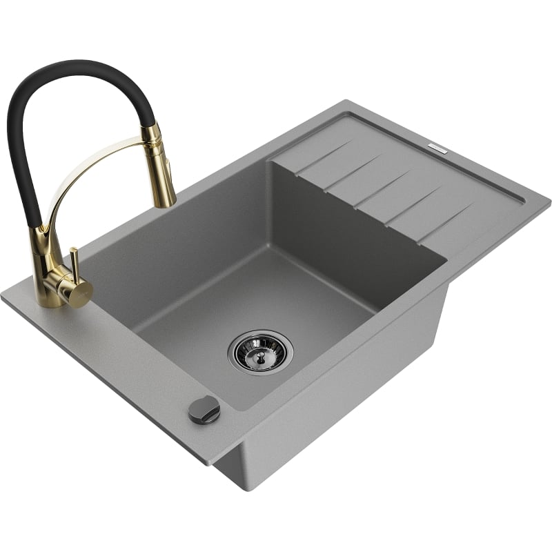 Mexen Elias 1-bowl granite sink with drainer and Aster kitchen faucet, gray - 6511-71-73450-57-B