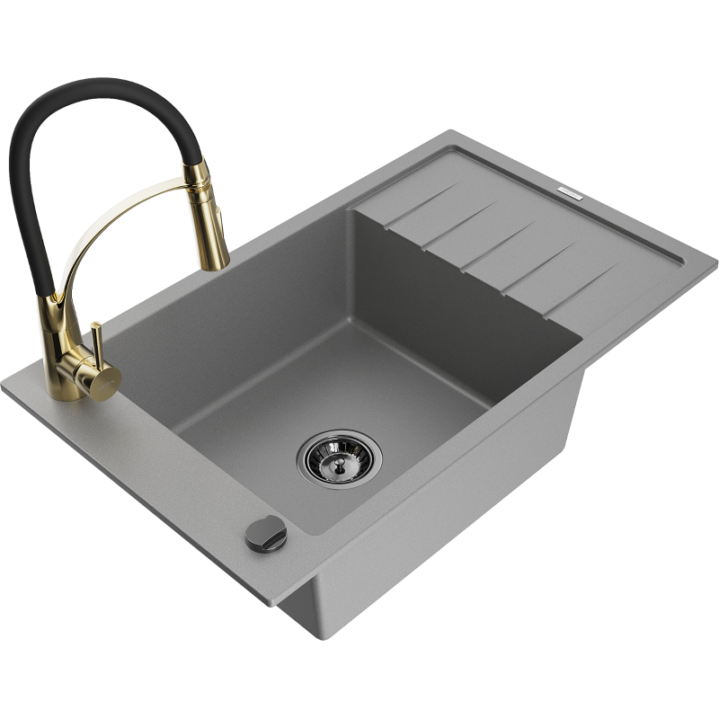 Mexen Elias 1-compartment granite sink with a drip tray and kitchen mixer tap Aster, Grey - 6511-71-73450-57-B