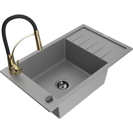 Mexen Elias 1-bowl granite sink with drainer and Aster kitchen faucet, gray - 6511-71-73450-57-B