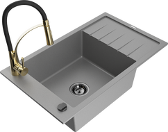 Mexen Elias 1-bowl granite sink with drainer and Aster kitchen faucet, gray - 6511-71-73450-57-B