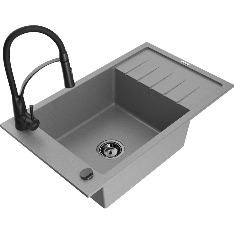 Mexen Elias single-bowl granite sink with drainer and kitchen faucet Aster, gray - 6511-71-73450-70-B