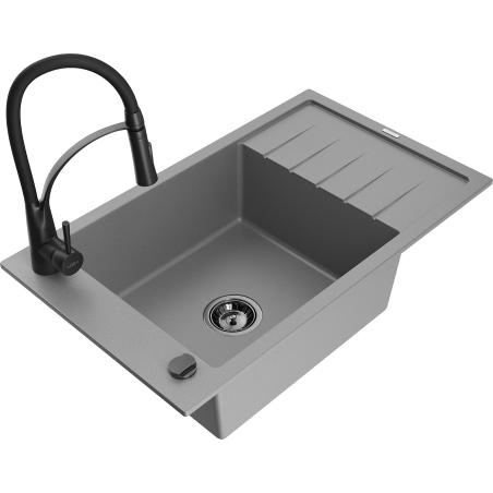 Mexen Elias 1-bowl granite sink with drainer and kitchen faucet Aster, gray - 6511-71-73450-70-B