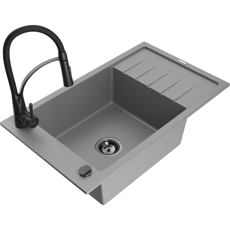 Mexen Elias 1-compartment granite sink with a drip tray and kitchen mixer tap Aster, Grey - 6511-71-73450-70-B