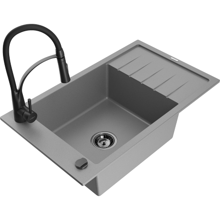 Mexen Elias granite sink 1-bowl with drainer and Aster kitchen tap, grey - 6511-71-73450-70-B