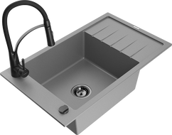 Mexen Elias 1-compartment granite sink with a drip tray and kitchen mixer tap Aster, Grey - 6511-71-73450-70-B