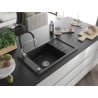 Mexen Elias 1-bowl granite sink with drainer and Aster kitchen faucet, black/silver metallic - 6511-73-73450-07