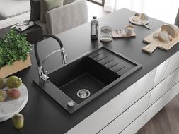 Mexen Elias 1-bowl granite sink with drainer and Aster kitchen tap, black/silver metallic - 6511-73-73450-07