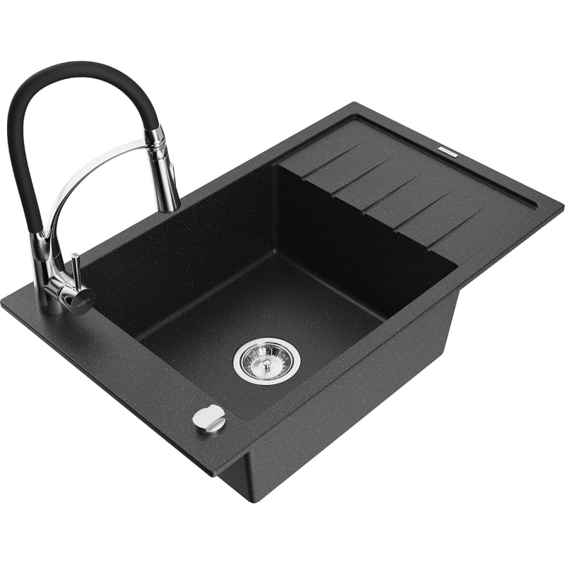 Mexen Elias 1-bowl granite sink with drainer and Aster kitchen faucet, black/silver metallic - 6511-73-73450-07