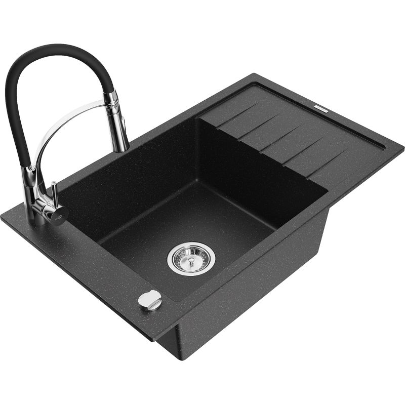 Mexen Elias 1-bowl granite sink with drainer and Aster kitchen tap, black/silver metallic - 6511-73-73450-07