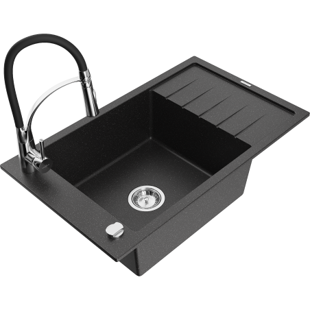 Mexen Elias 1-bowl granite sink with drainer and Aster kitchen faucet, black/silver metallic - 6511-73-73450-07
