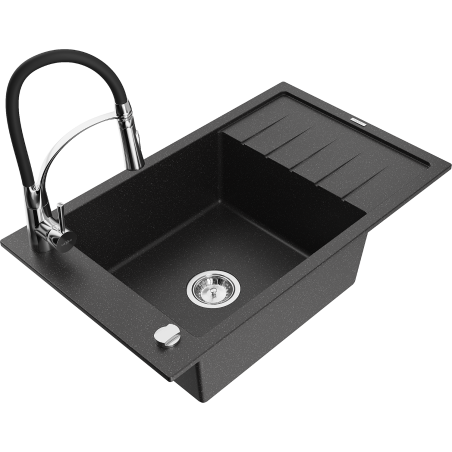 Mexen Elias 1-bowl granite sink with drainer and Aster kitchen tap, black/silver metallic - 6511-73-73450-07