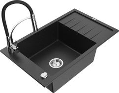 Mexen Elias 1-bowl granite sink with drainer and Aster kitchen faucet, black/silver metallic - 6511-73-73450-07