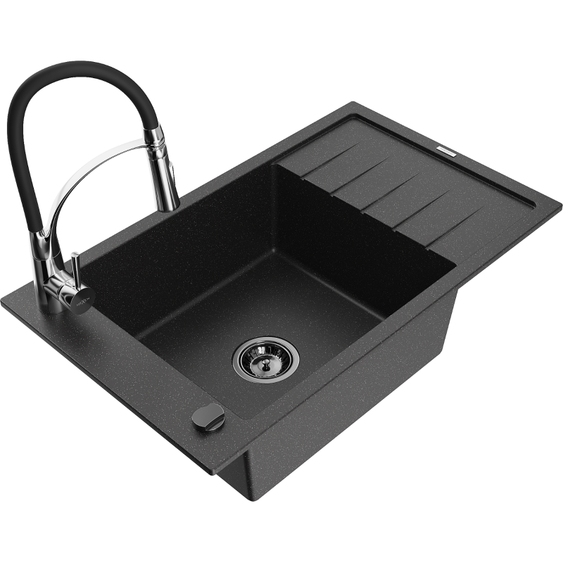 Mexen Elias 1-bowl granite sink with drainer and Aster kitchen tap, black/silver metallic - 6511-73-73450-07-B