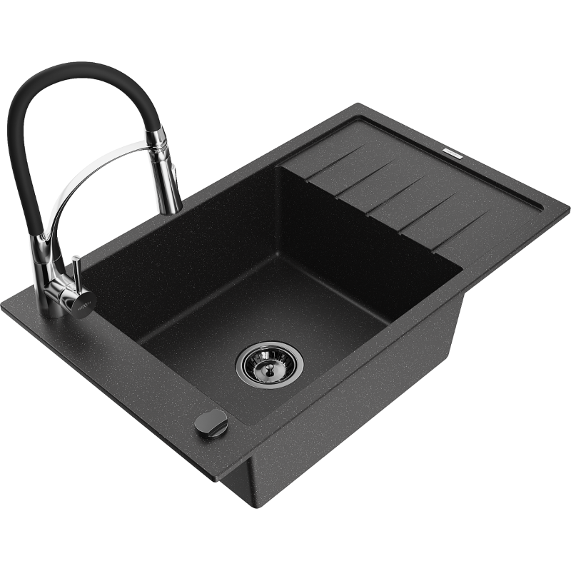Mexen Elias 1-compartment granite sink with a drip tray and kitchen mixer tap Aster, Black/Silver metallic - 6511-73-73450-07-B