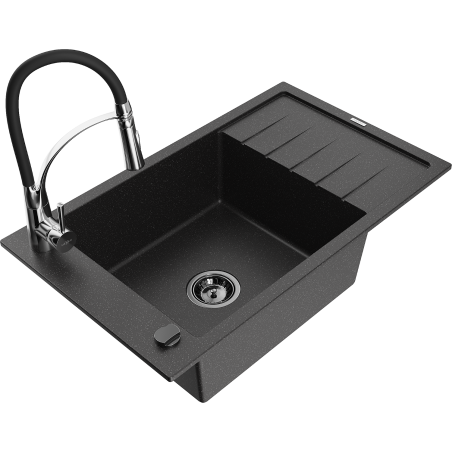 Mexen Elias 1-bowl granite sink with drainer and Aster kitchen tap, black/silver metallic - 6511-73-73450-07-B