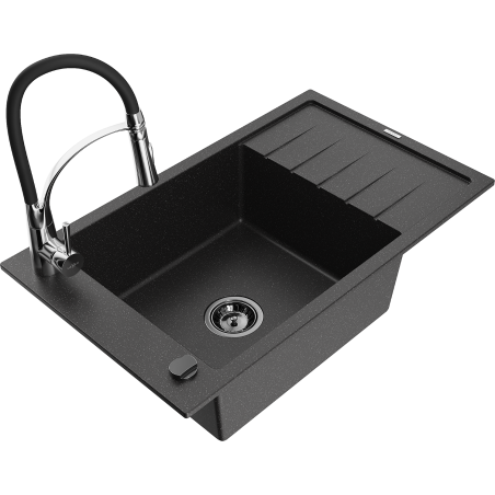 Mexen Elias granite kitchen sink 1-bowl with drainer and kitchen faucet Aster, black/silver metallic - 6511-73-73450-07-B