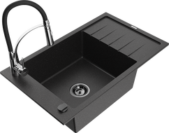 Mexen Elias 1-compartment granite sink with a drip tray and kitchen mixer tap Aster, Black/Silver metallic - 6511-73-73450-07-B