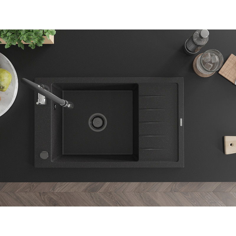 Mexen Elias 1-bowl granite sink with drainer and Aster kitchen tap, black/silver metallic - 6511-73-73450-07-B