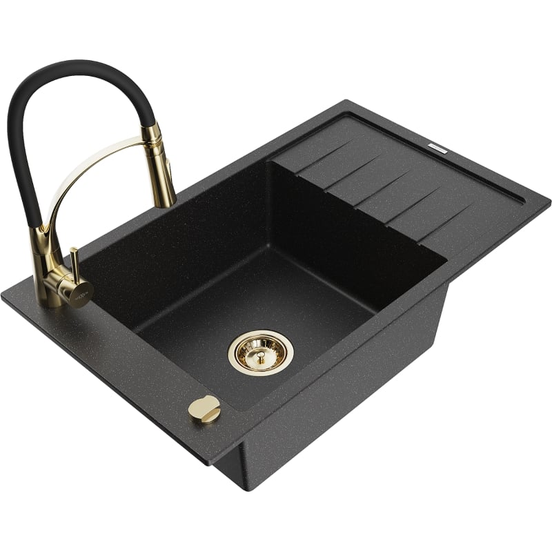 Mexen Elias 1-bowl granite sink with drainer and Aster kitchen faucet, black/silver metallic - 6511-73-73450-57-G