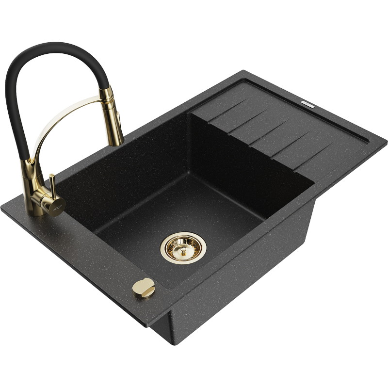 Mexen Elias granite kitchen sink one-bowl with drainer and kitchen faucet Aster, black/silver metallic - 6511-73-73450-57-G