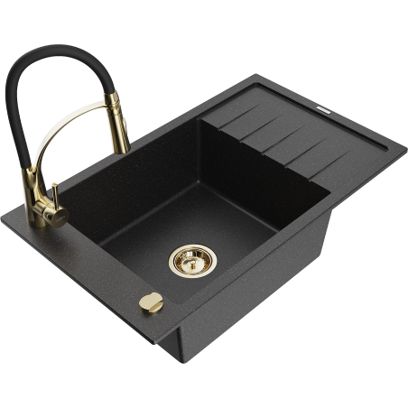 Mexen Elias 1-bowl granite sink with drainer and Aster kitchen tap, black/silver metallic - 6511-73-73450-57-G