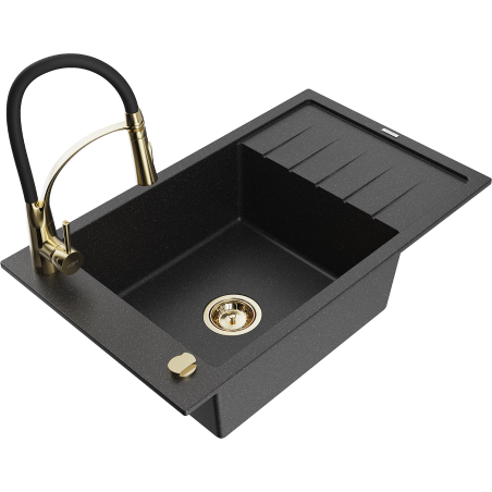 Mexen Elias 1-compartment granite sink with a drip tray and kitchen mixer tap Aster, Black/Silver metallic - 6511-73-73450-57-G