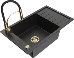 Mexen Elias 1-compartment granite sink with a drip tray and kitchen mixer tap Aster, Black/Silver metallic - 6511-73-73450-57-G