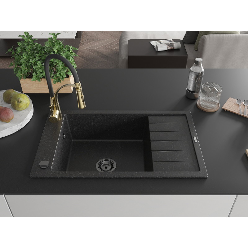 Mexen Elias granit sink single bowl with drainer and kitchen faucet Aster, black/silver metallic - 6511-73-73450-57-B