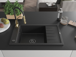Mexen Elias granit sink single bowl with drainer and kitchen faucet Aster, black/silver metallic - 6511-73-73450-57-B