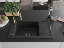 Mexen Elias Granite Kitchen Sink 1-Bowl with Drainer and Kitchen Faucet Aster, Black/Silver Metallic - 6511-73-73450-57-B