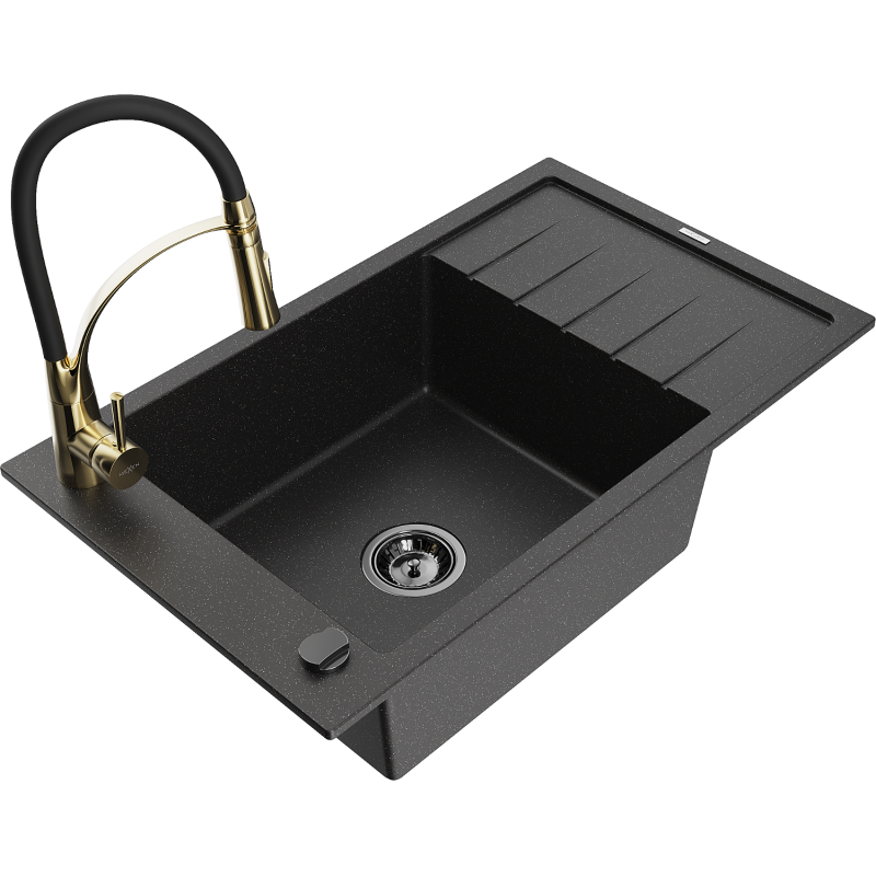 Mexen Elias 1-bowl granite sink with drainer and Aster kitchen tap, black/silver metallic - 6511-73-73450-57-B
