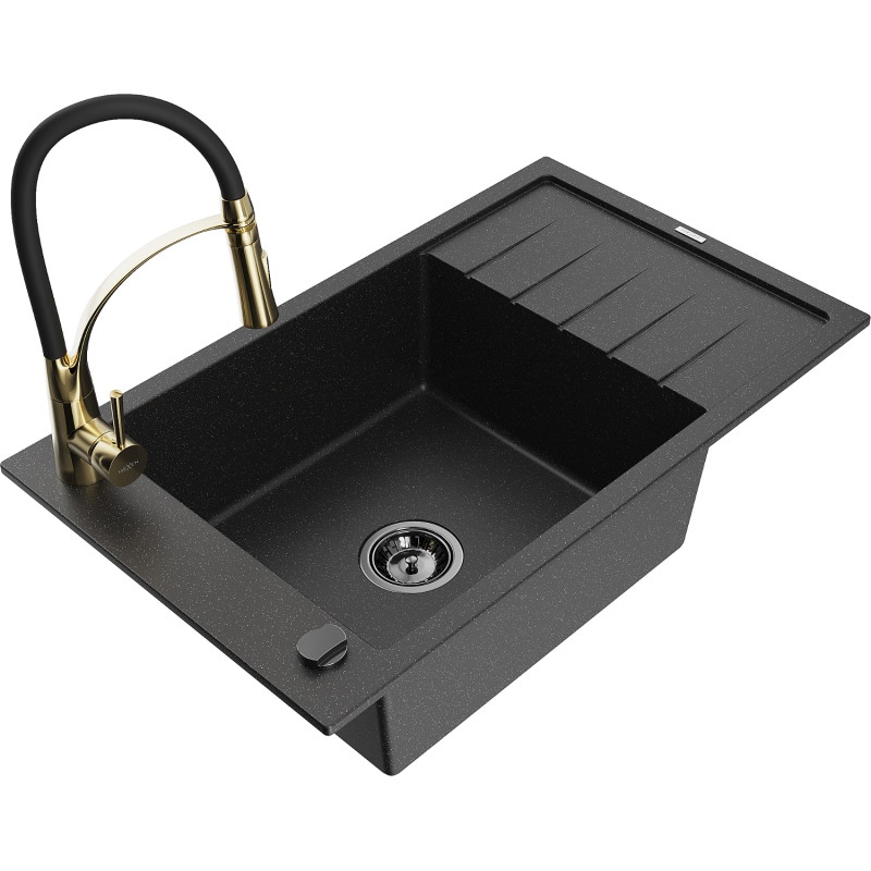 Mexen Elias Granite Kitchen Sink 1-Bowl with Drainer and Kitchen Faucet Aster, Black/Silver Metallic - 6511-73-73450-57-B