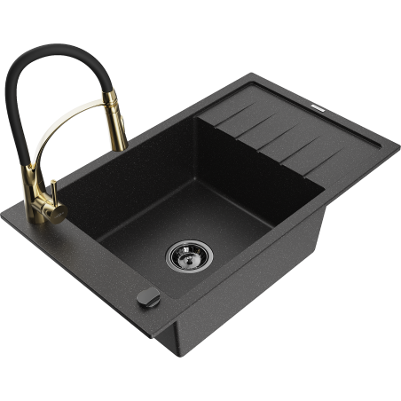 Mexen Elias 1-bowl granite sink with drainer and Aster kitchen tap, black/silver metallic - 6511-73-73450-57-B