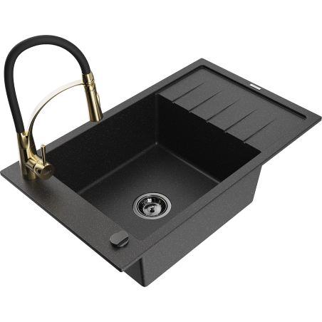 Mexen Elias Granite Kitchen Sink 1-Bowl with Drainer and Kitchen Faucet Aster, Black/Silver Metallic - 6511-73-73450-57-B