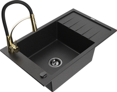 Mexen Elias 1-compartment granite sink with a drip tray and kitchen mixer tap Aster, Black/Silver metallic - 6511-73-73450-57-B