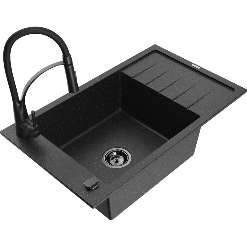 Mexen Elias 1-compartment granite sink with a drip tray and kitchen mixer tap Aster, Black/Silver metallic - 6511-73-73450-70-B